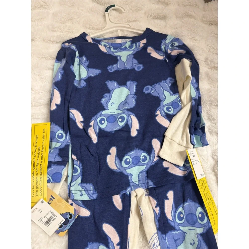 NWT Lilo & Stitch Snug Fit 4Pcs Cotton Long Sleeve Pajama Set Blue/White Size 4T